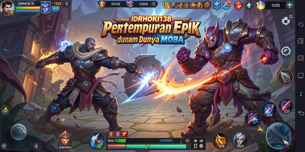 Screenshot gameplay menampilkan pertempuran intens di arena MOBA.