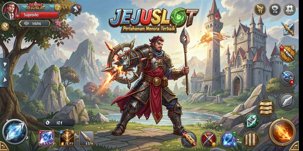 Gameplay seru JEJUSLOT dengan berbagai menara dan musuh yang menantang.