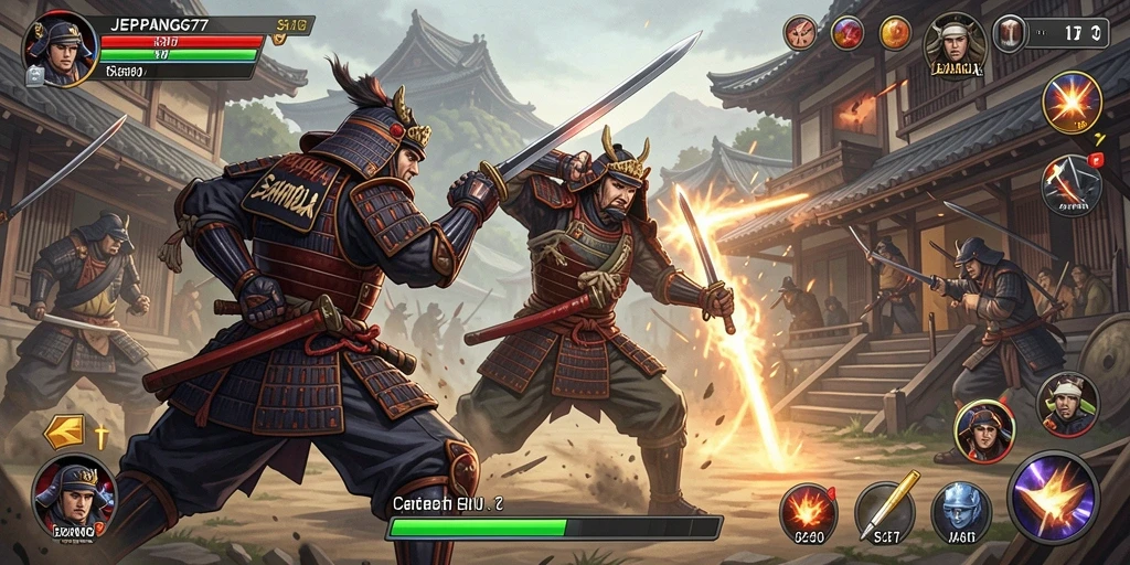 Gameplay JEPANG77 dengan aksi pertempuran yang intens dan visual memukau.