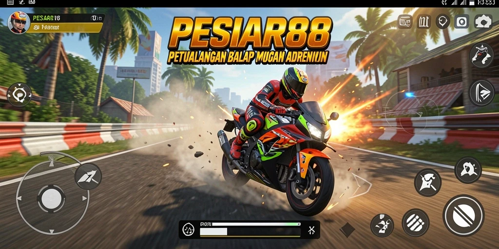 Screenshot utama PESIAR88 menunjukkan aksi balap motor yang mendebarkan.