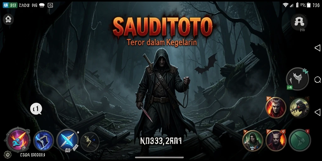 Screenshot gameplay SAUDITOTO menampilkan suasana mencekam di dunia yang gelap.
