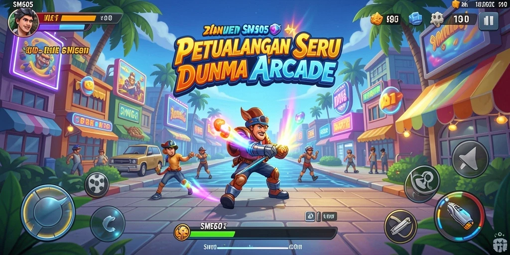 Screenshot gameplay SM605 menampilkan aksi seru dengan latar belakang yang colorful.