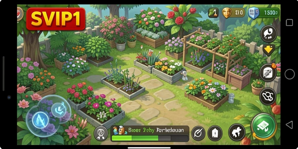 Tampilan gameplay SVIP1 yang mengasyikkan dengan lahan pertanian dan tanaman.
