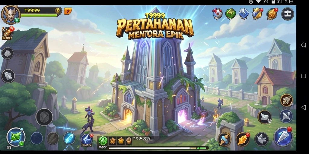 Tangkapan layar T9999 menampilkan aksi Tower Defense yang mendebarkan.